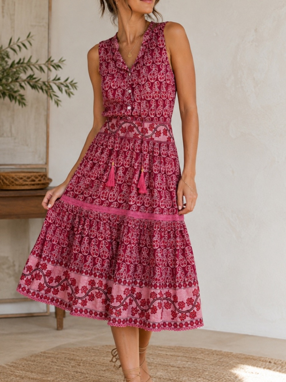 Bell by Alicia Bell Pink Red Paisley Tassel Tie Boho Midi Dress Sz XS